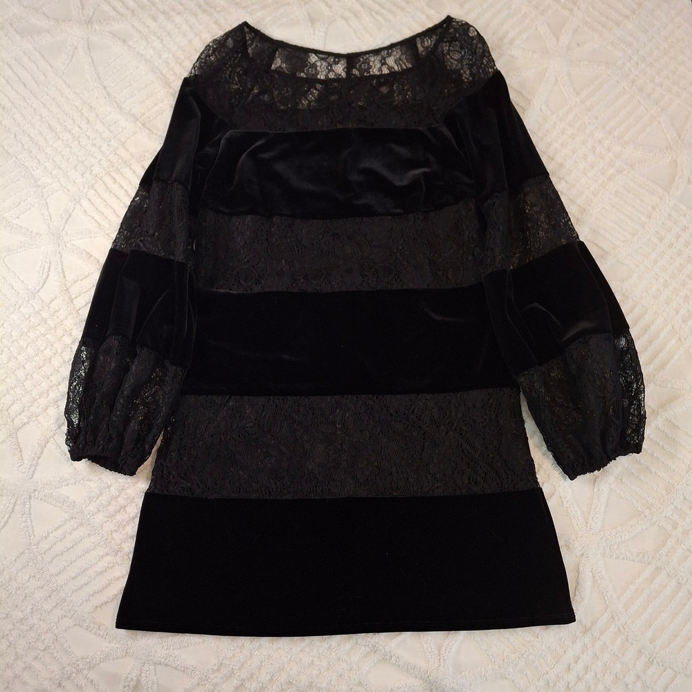 Laundry Shelli Segal Womens‎ 10 Mini Dress Black Velvet Lace Striped Long Sleeve